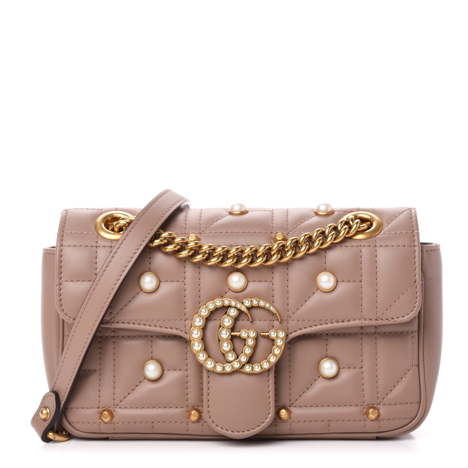 Gucci Calfskin Matelasse Studded Mini Pearly GG Marmont Shoulder Bag Porcelain Rose 1 of 12