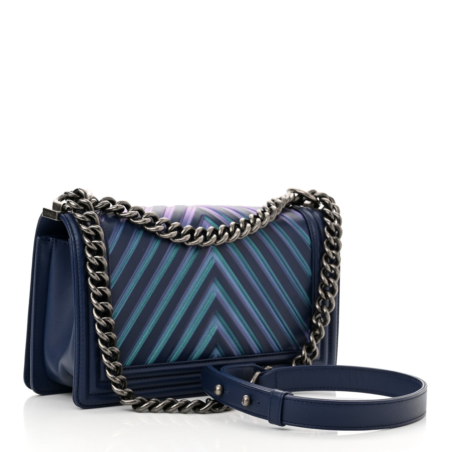 Calfskin Painted Chevron Embossed Medium Boy Flap Navy