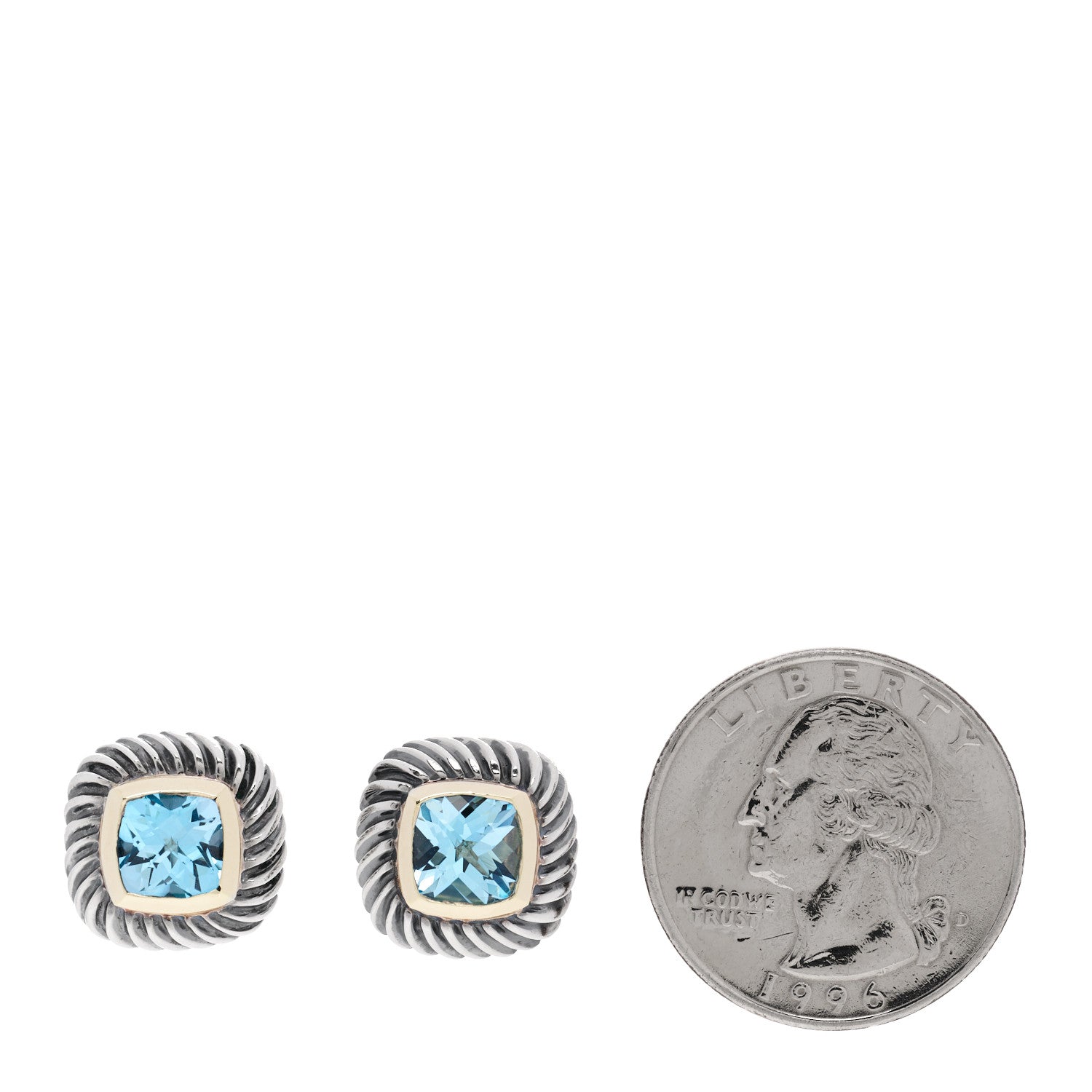 David Yurman Sterling Silver 14K Yellow Gold Blue Topaz 7mm Albion Earrings 2 of 4