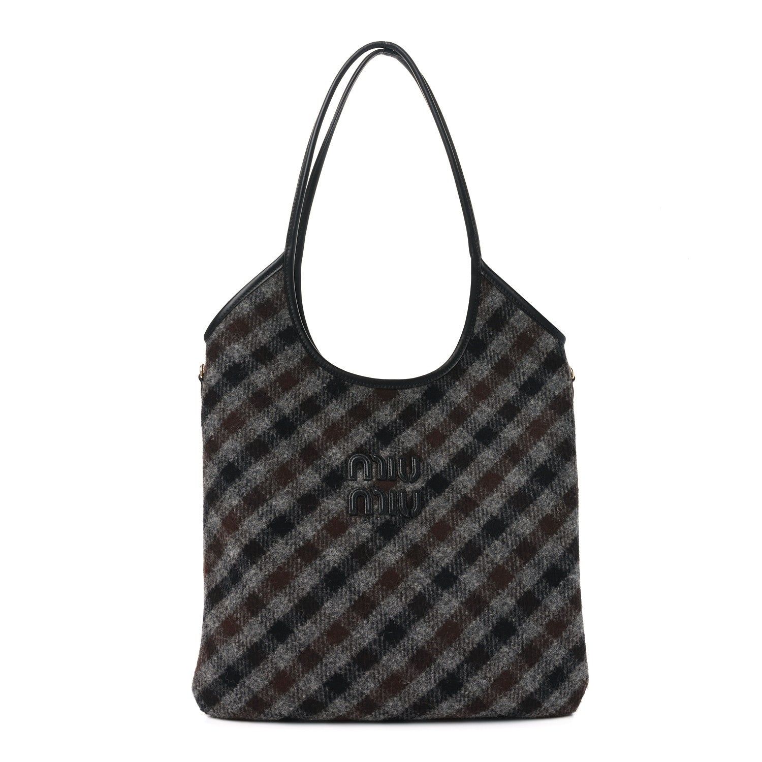 Miu Miu Wool Nappa Plaid Ivy Bag Slate Gray Cocoa Brown 1 of 9