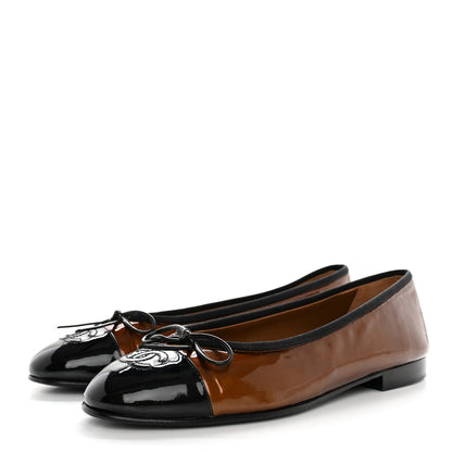Chanel Patent Calfskin CC Cap Toe Ballerina Flats 37.5 Brown Black 3 of 12
