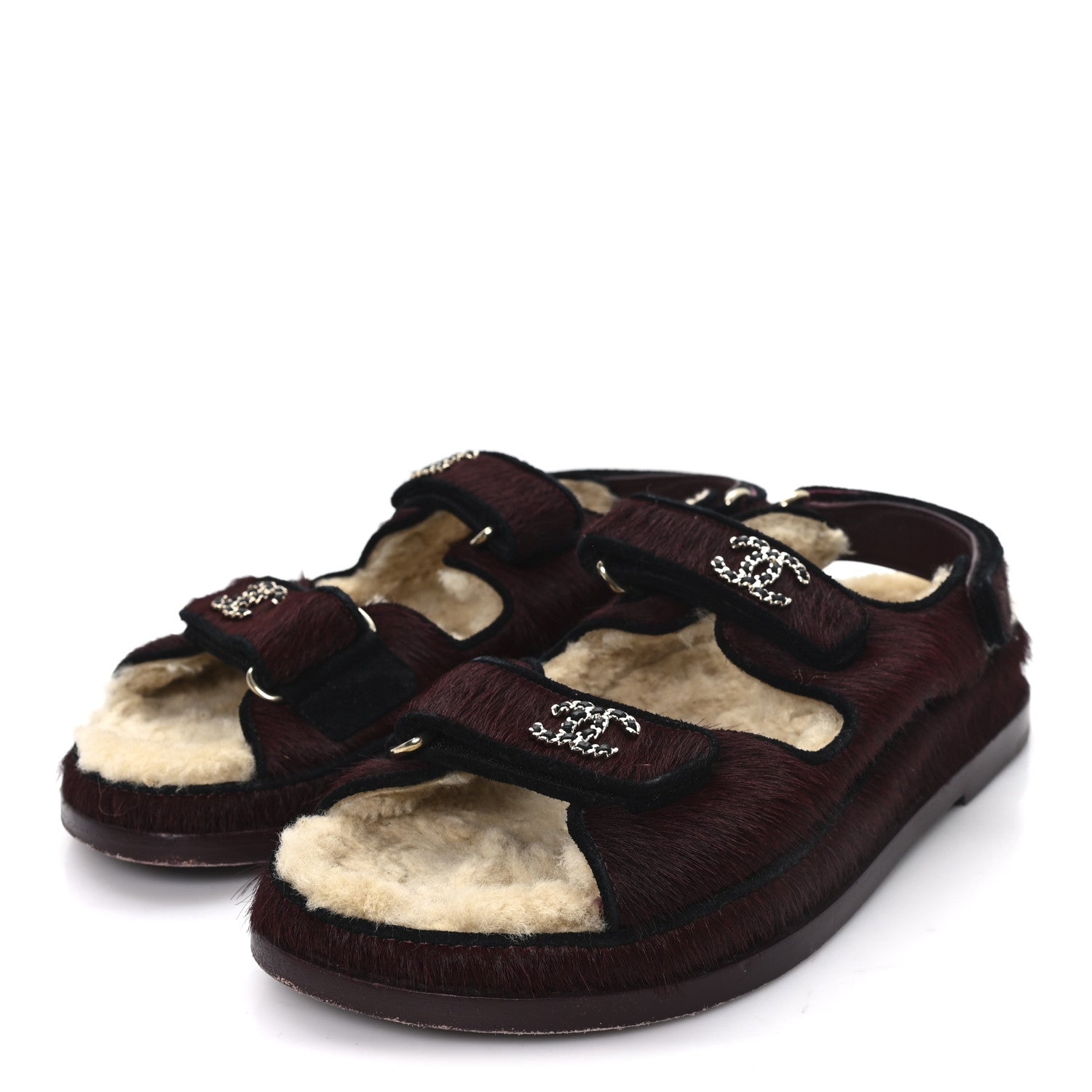 Chanel Calf Hair Suede Shearling Dad Sandals 36.5 Burgundy Black 4 of 9