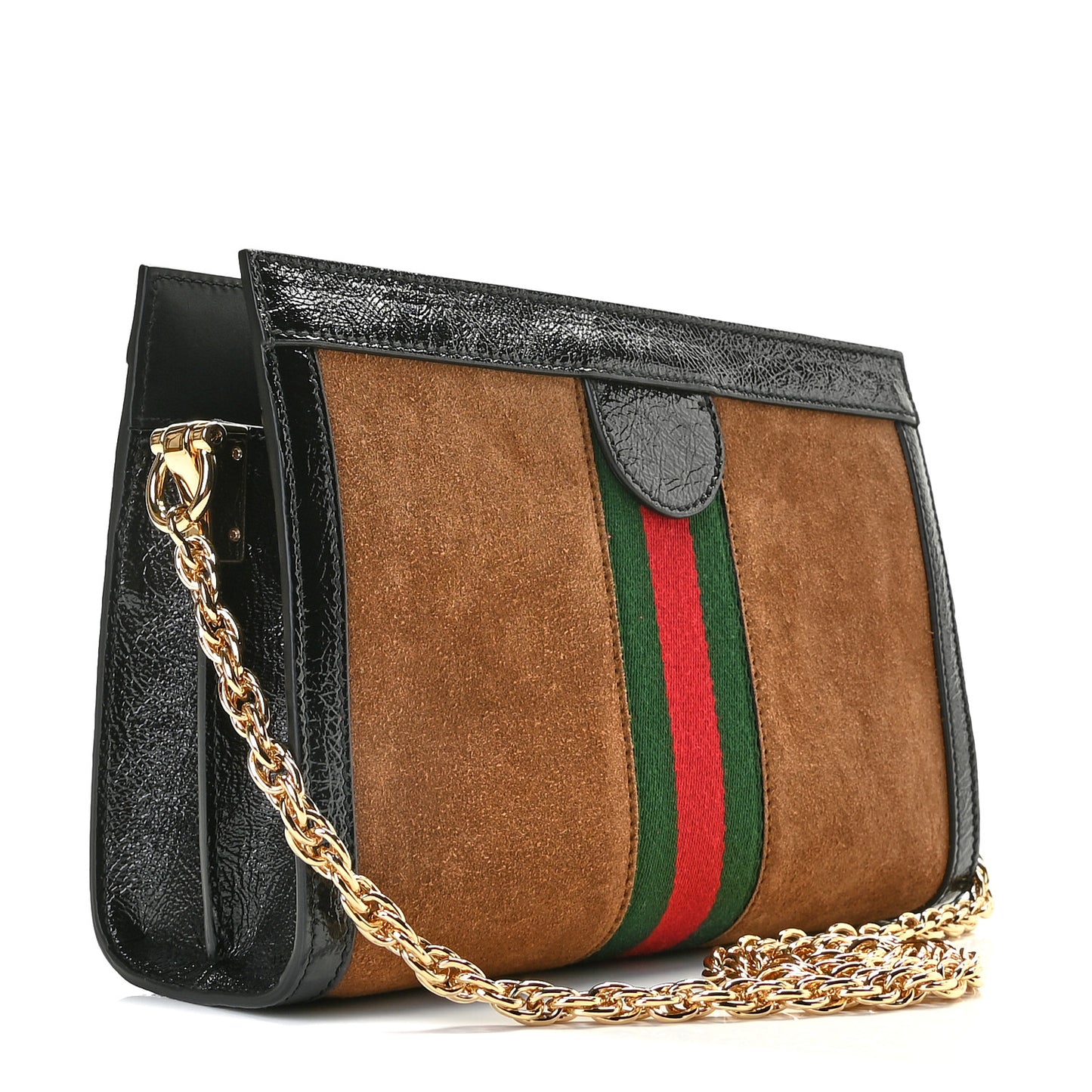 Suede Patent Web Small Ophidia Chain Shoulder Bag Nocciola Black