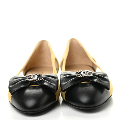 Chanel Suede Calfskin Lambskin Crystal Bow CC Ballerina Flats 36.5 Beige Black 2 of 9