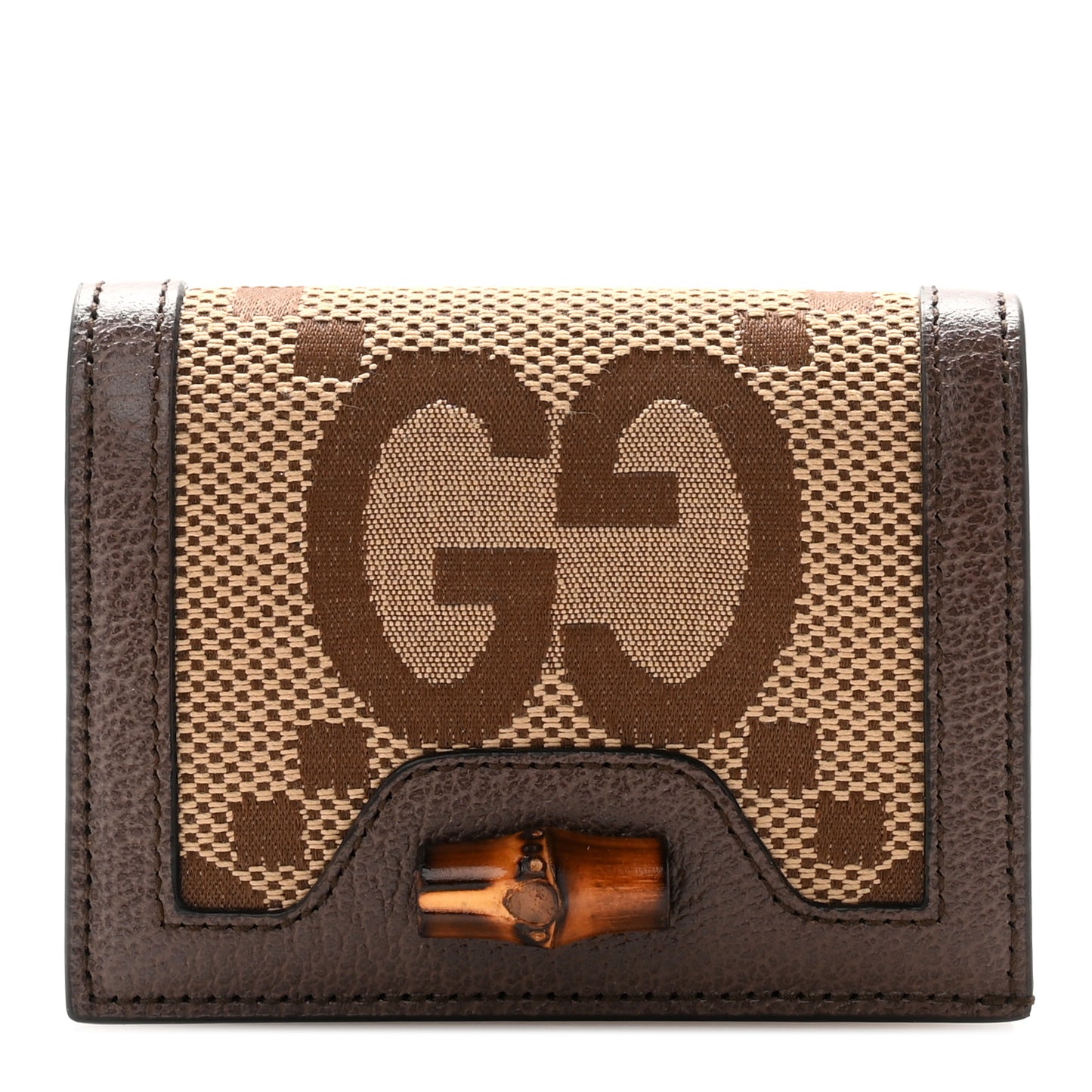 Monogram Jumbo GG Textured Dollar Calfskin Diana Card Case Wallet Camel Ebony New Acero