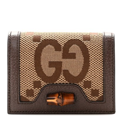 Gucci Monogram Jumbo GG Textured Dollar Calfskin Diana Card Case Wallet Camel Ebony New Acero 1 of 8