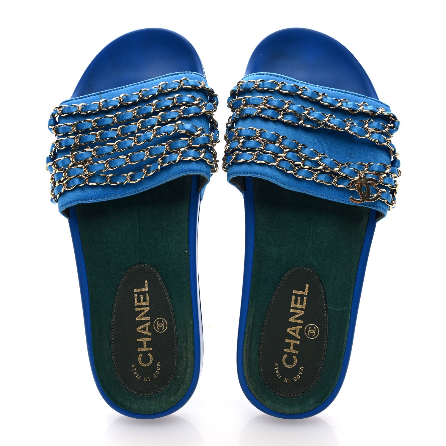 Chanel Satin Canvas Chain Slides Sandals Flats 40 Blue 2 of 8
