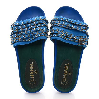 Chanel Satin Canvas Chain Slides Sandals Flats 40 Blue 2 of 8