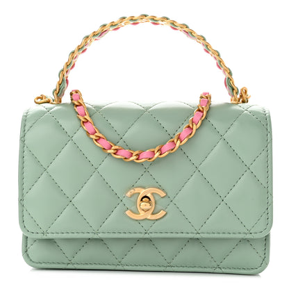 Chanel Shiny Calfskin Quilted Top Handle Flap Clutch With Chain Light Green 1 of 11