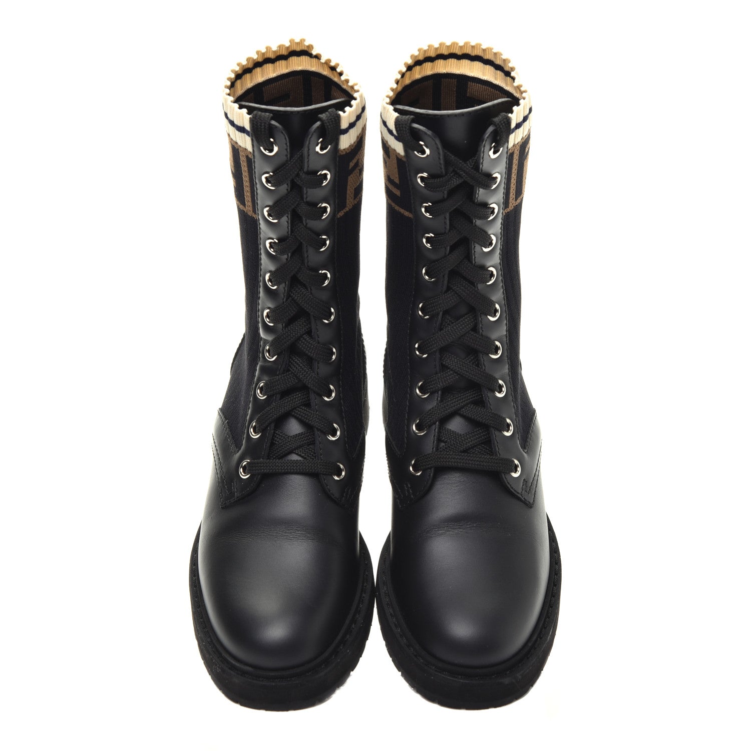 Fendi Calfskin Stretch Fabric Rockoko Biker Boots 35.5 Tobacco Black Marino 5 of 8