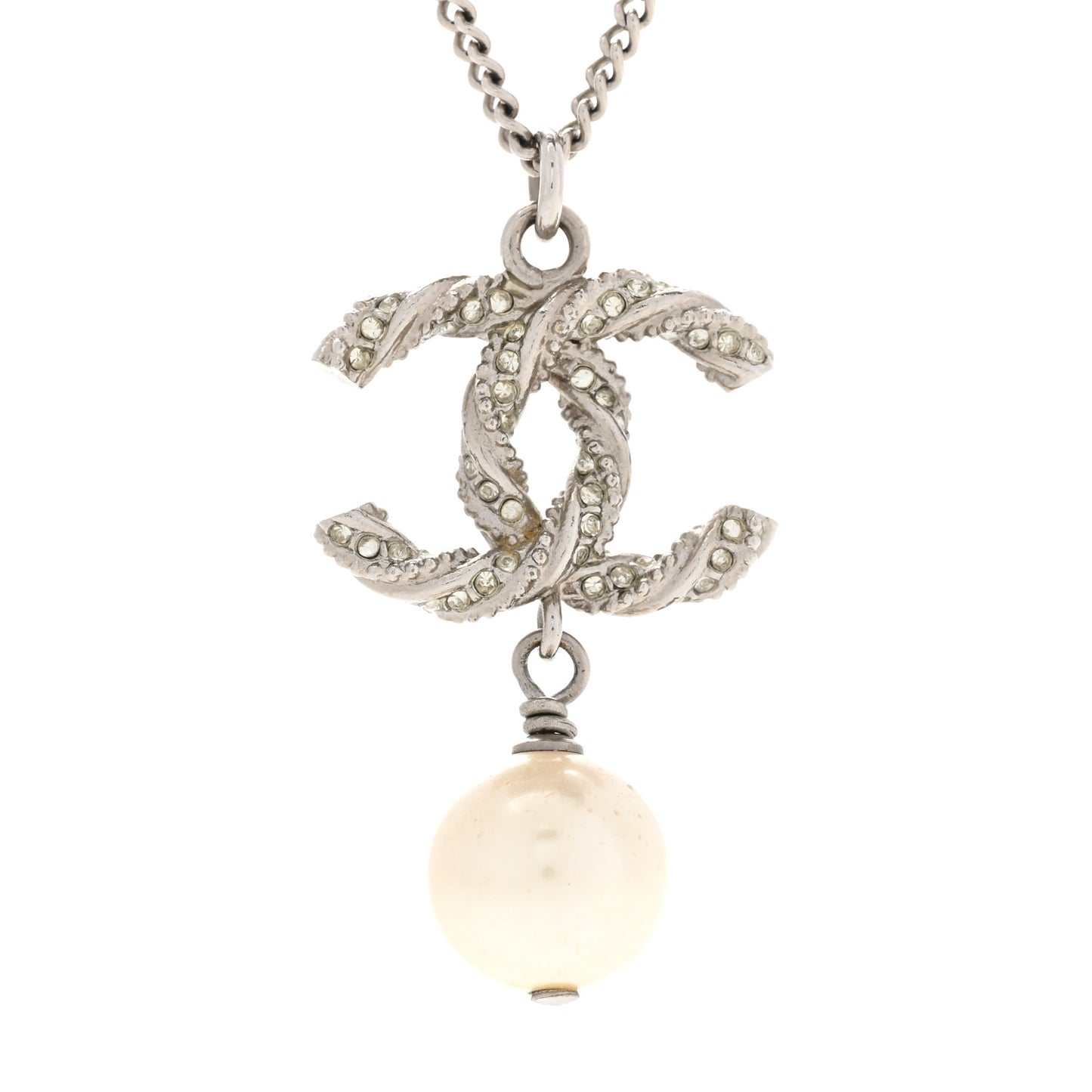 Crystal Pearl Twisted CC Drop Necklace Silver