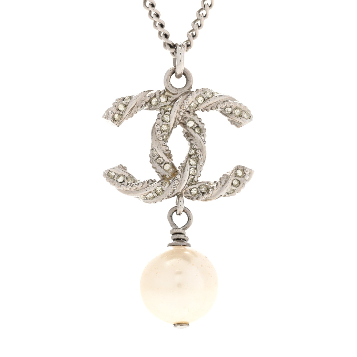 Chanel Crystal Pearl Twisted CC Drop Necklace Silver 4 of 6