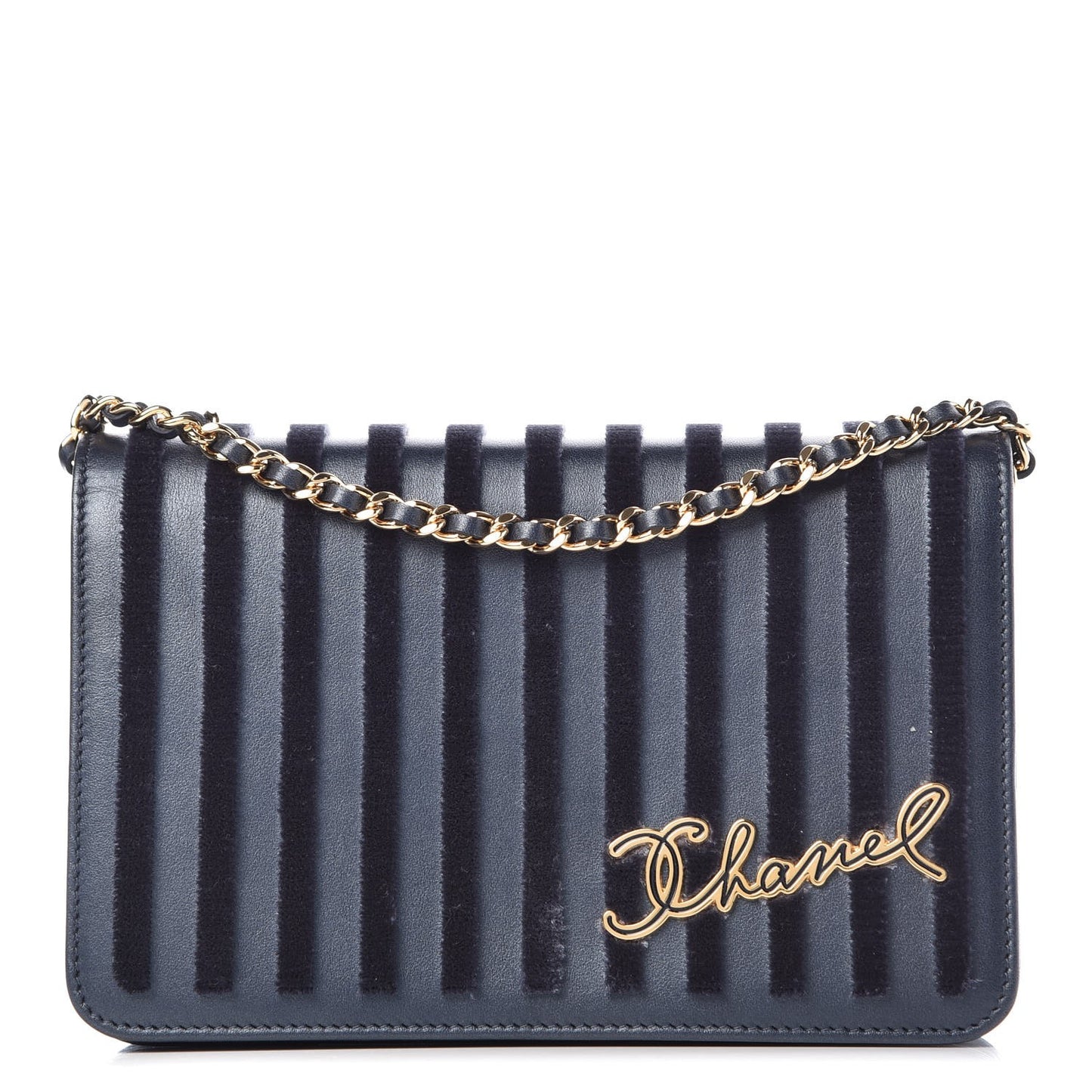 Lambskin Velvet Striped Wallet On Chain WOC Blue