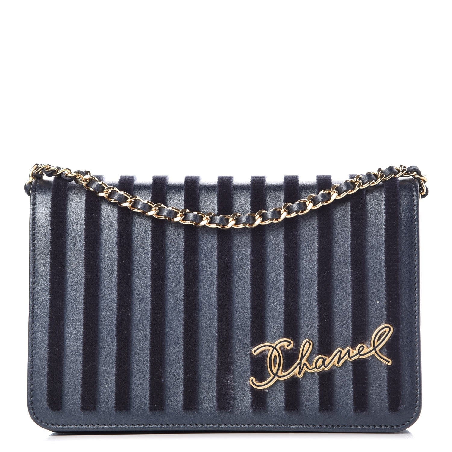 Chanel Lambskin Velvet Striped Wallet On Chain WOC Blue 1 of 9