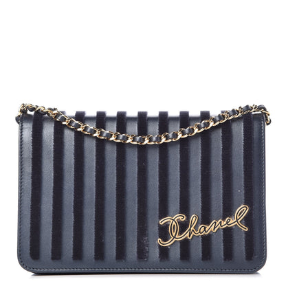 Chanel Lambskin Velvet Striped Wallet On Chain WOC Blue 1 of 9