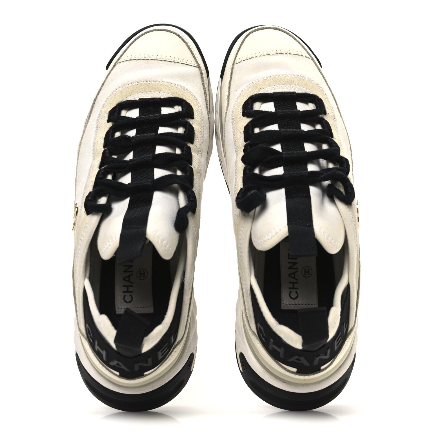Chanel Velvet Calfskin Mixed Fibers CC Sneakers 38 Ivory Black