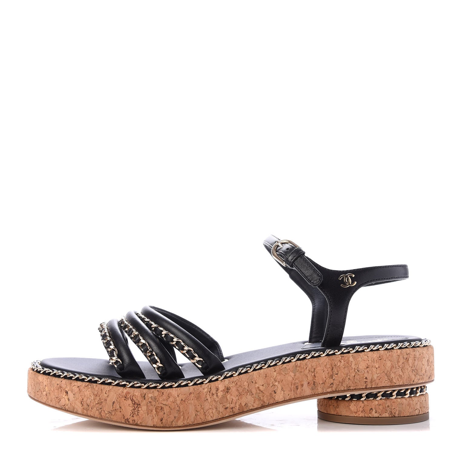 Chanel Lambskin Chain Cork Sandals 39 Black 1 of 9