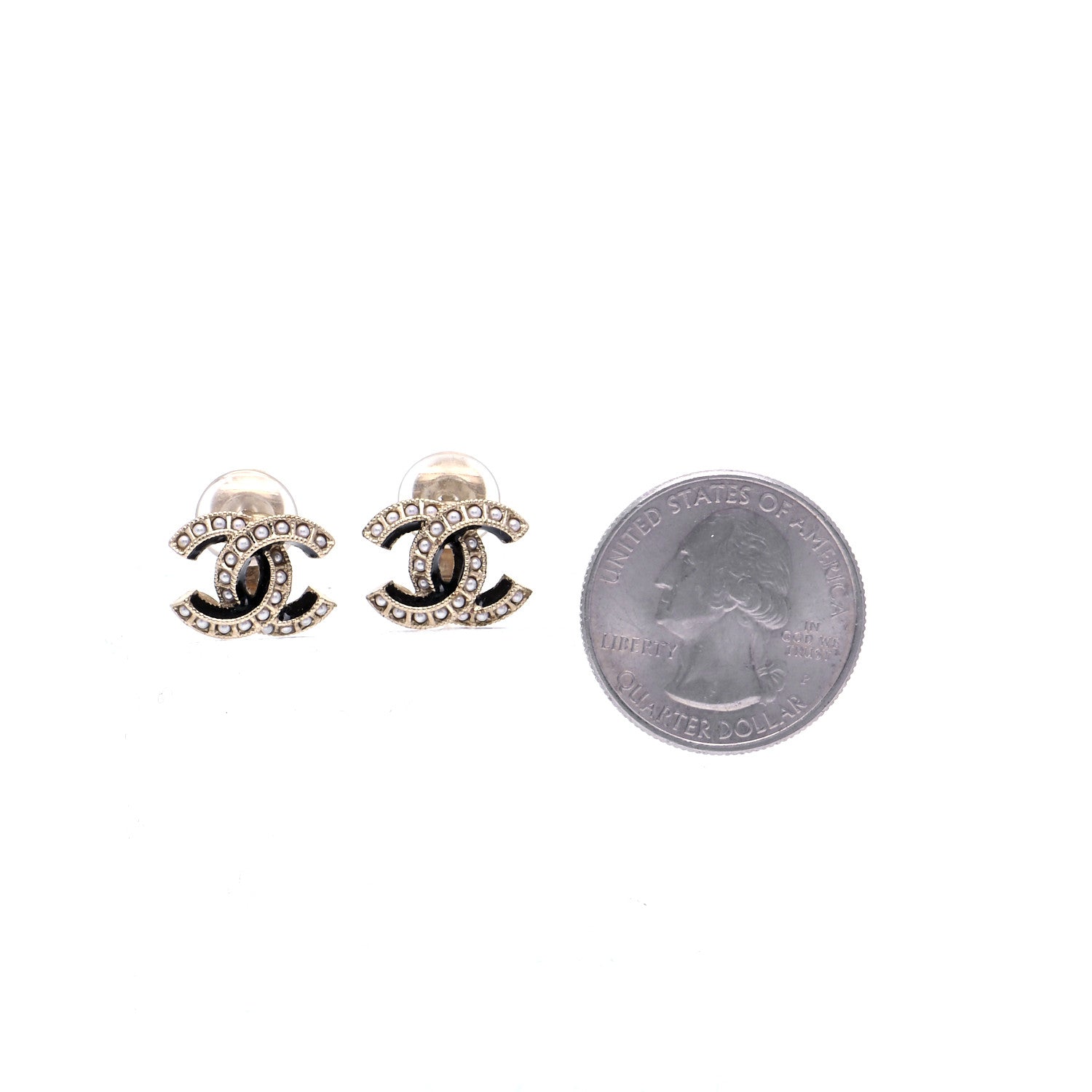 Chanel Enamel Pearl CC Clip On Earrings Light Gold Black 2 of 6