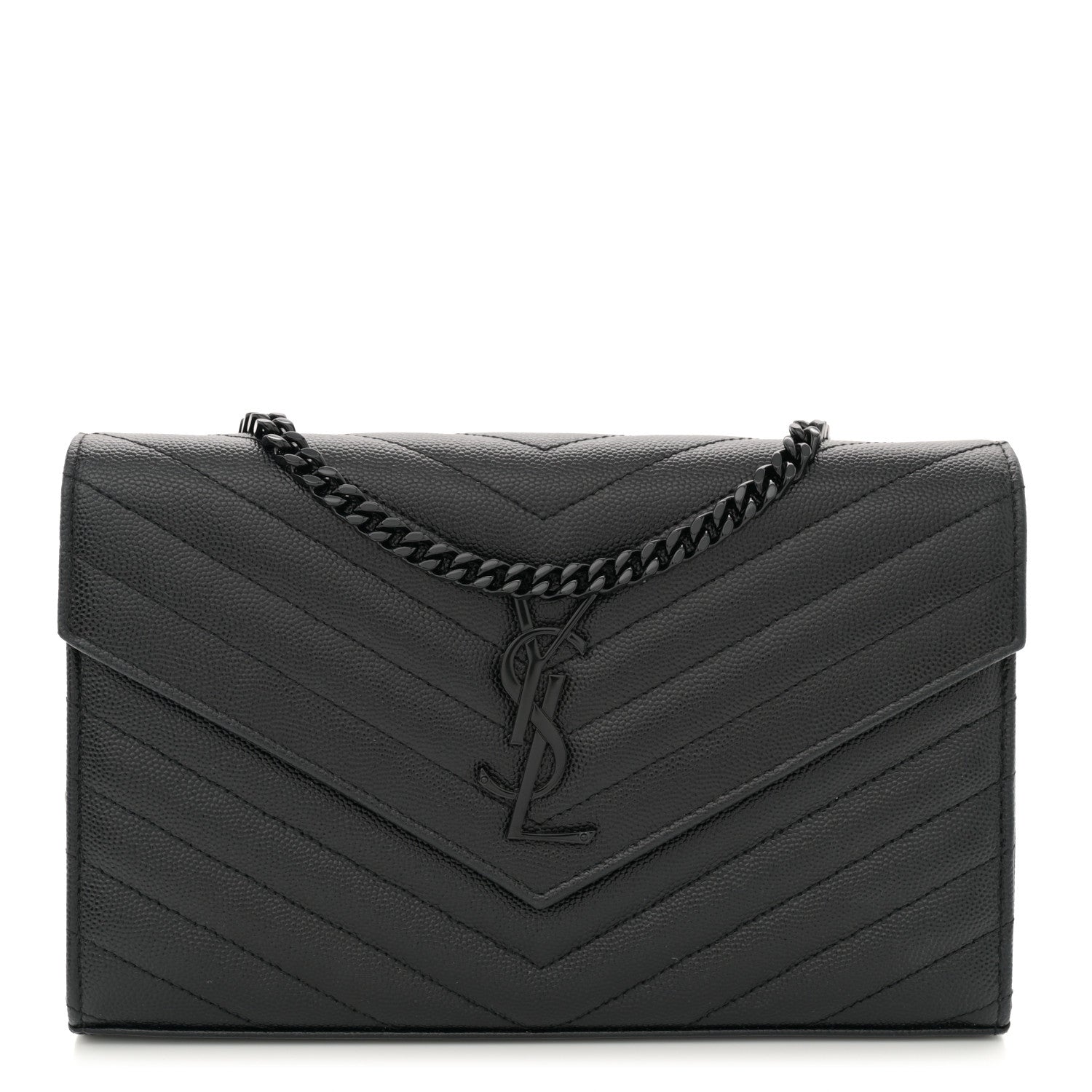 Saint Laurent Grain De Poudre Matelasse Chevron Monogram Monochrome Chain Wallet Black 1 of 11