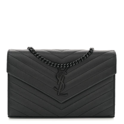Saint Laurent Grain De Poudre Matelasse Chevron Monogram Monochrome Chain Wallet Black 1 of 11
