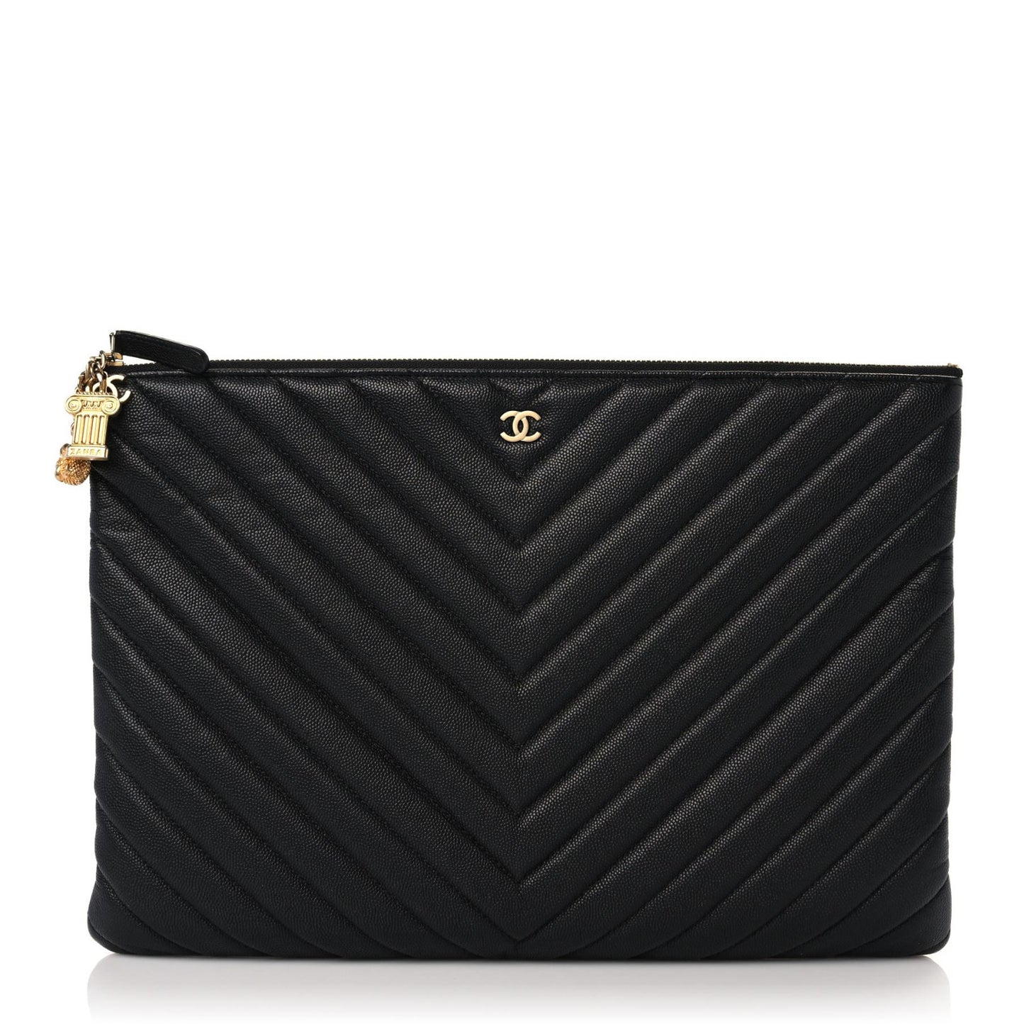 Caviar Chevron Quilted Large Ancient Greek Charms Cosmetic Case Black