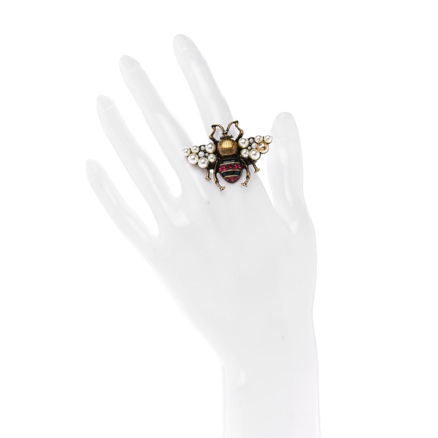 Metal Crystal Pearl Bee Ring 7.25 Aged Gold