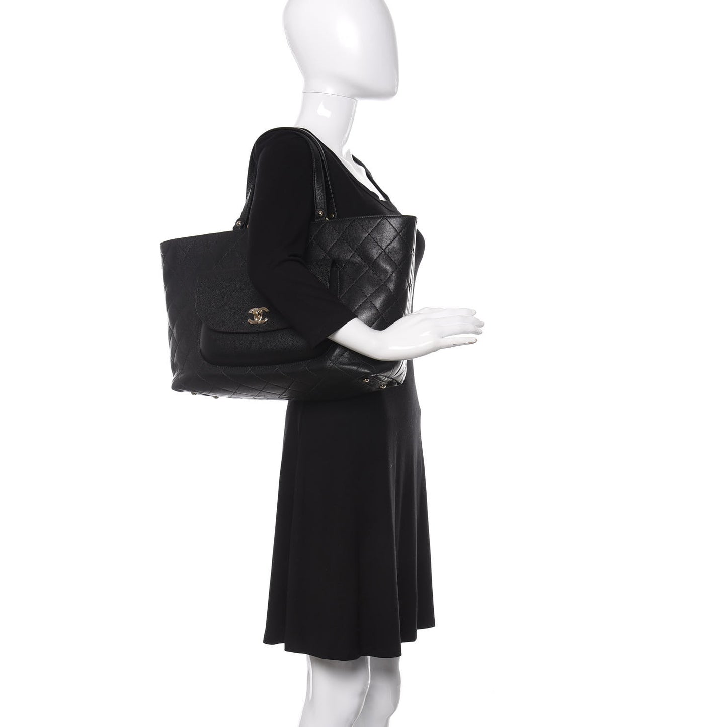 Sheepskin Caviar Quilted Large Shopping Tote Black