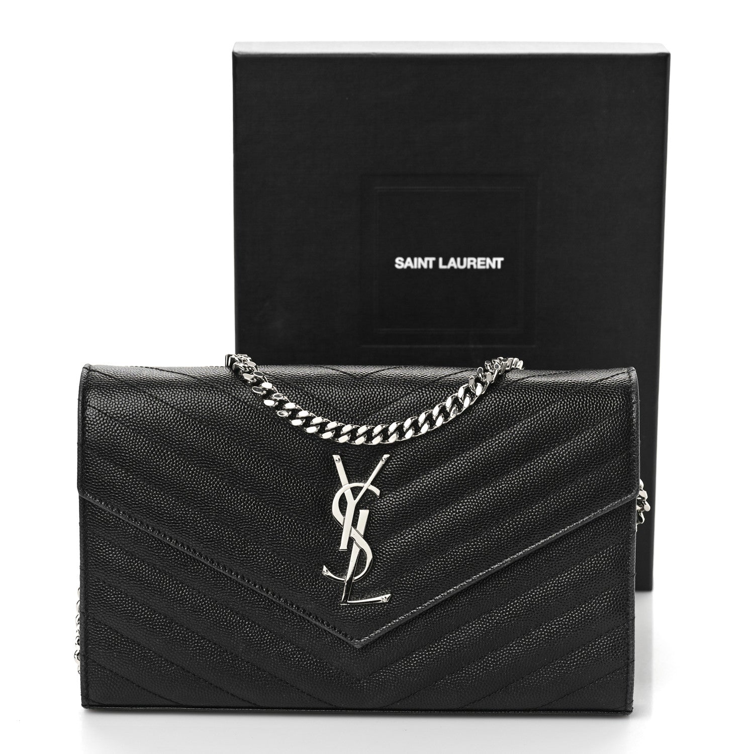 Saint Laurent Grain De Poudre Matelasse Chevron Monogram Chain Wallet Black 9 of 9