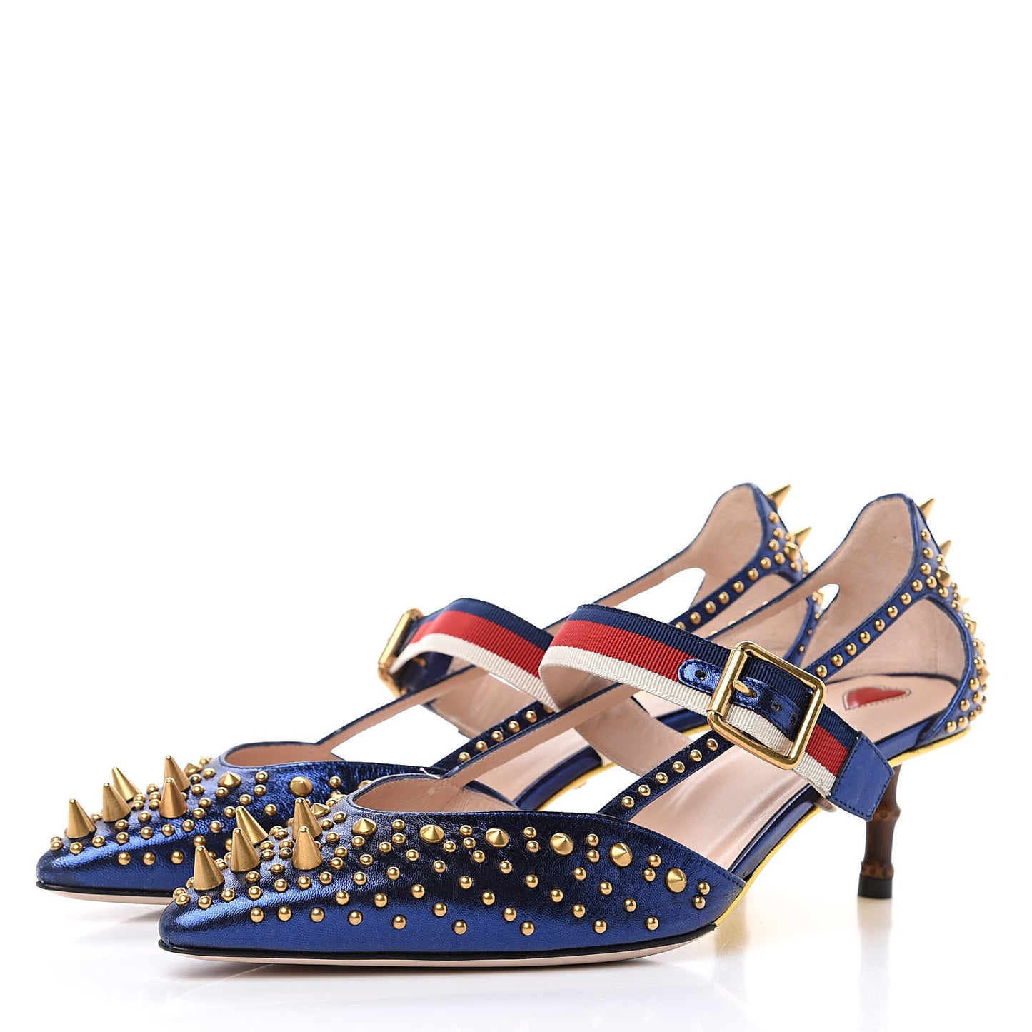 Metallic Nappa Silk Grosgrain Studded Sylvie Web Bamboo Low Heel Pumps 39 Sapphire