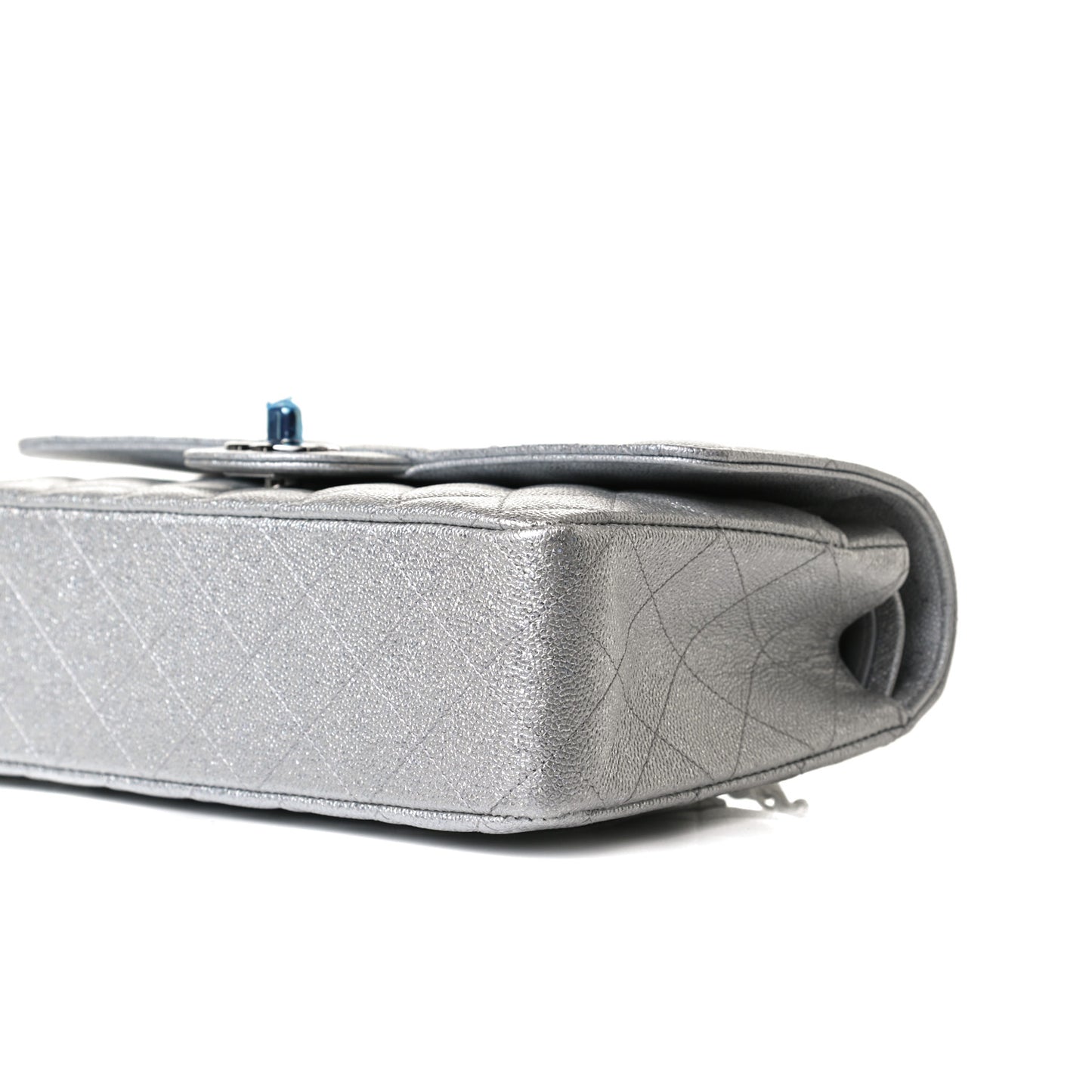 Glittered Metallic Caviar Quilted Medium Double Flap Silver
