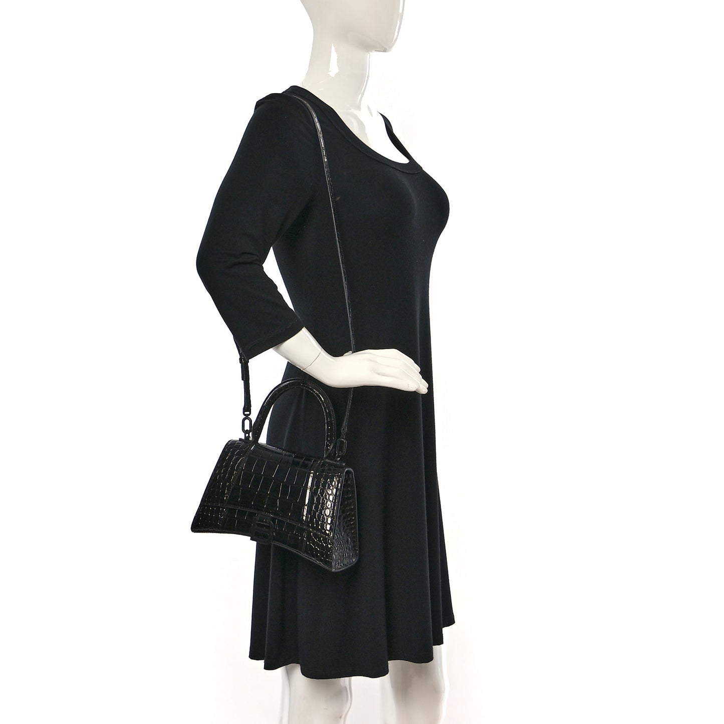 Shiny Calfskin Monochrome Crocodile Embossed Small Hourglass Top Handle Bag Black