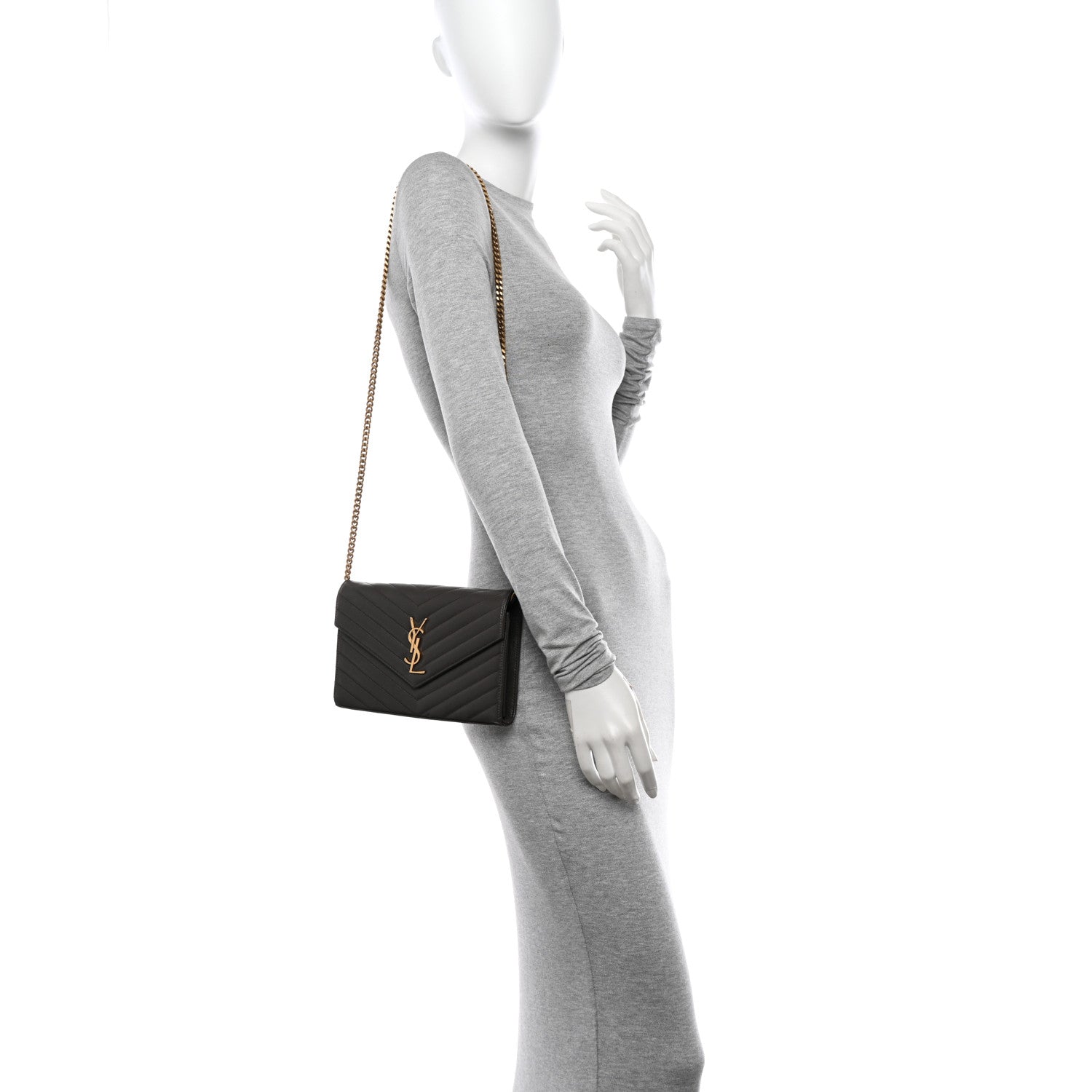 Saint Laurent Grain De Poudre Matelasse Chevron Monogram Chain Wallet Earth 2 of 12