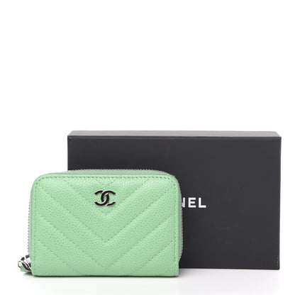 Chanel Caviar Chevron Quilted Zip Around Coin Purse Light Green 9 of 9
