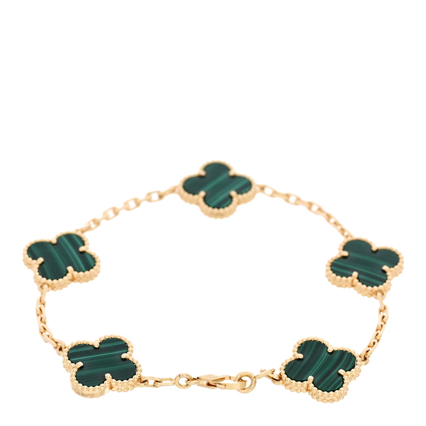 18K Yellow Gold Malachite 5 Motifs Vintage Alhambra Bracelet