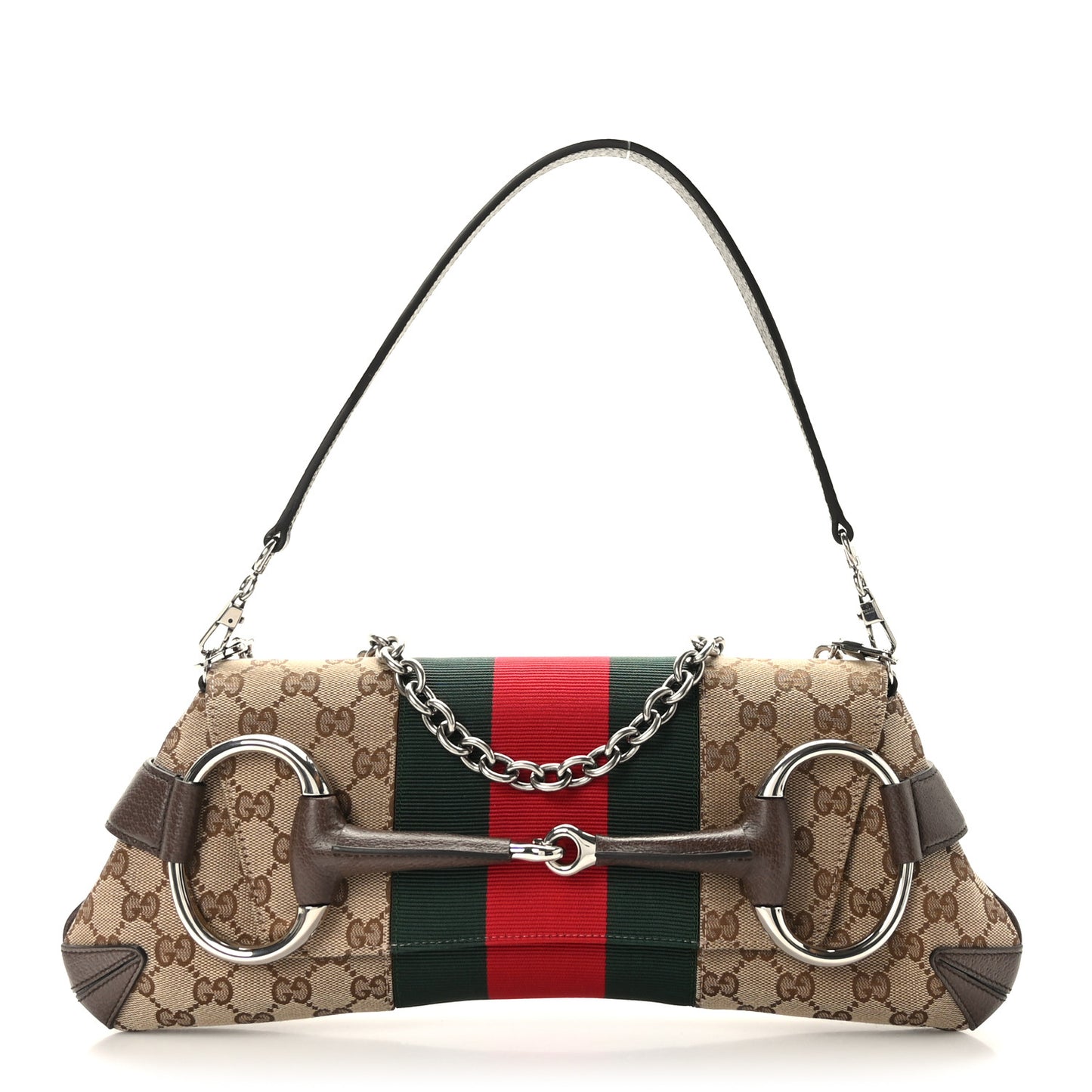 Monogram Textured Dollar Calfskin Heavy Grosgrain Web Medium Maxi Horsebit Chain Shoulder Bag Beige Ebony New Acero
