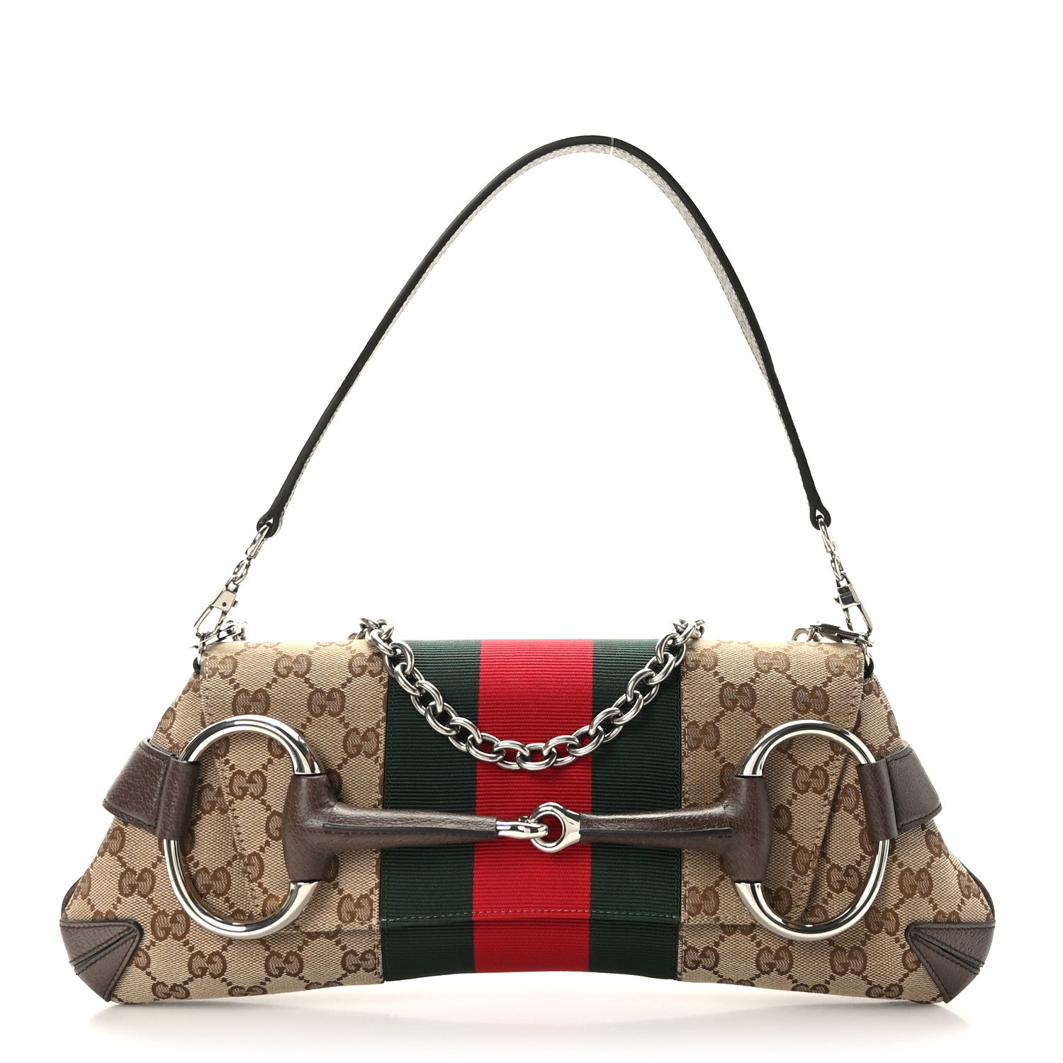 Gucci Monogram Textured Dollar Calfskin Heavy Grosgrain Web Medium Maxi Horsebit Chain Shoulder Bag Beige Ebony New Acero 1 of 8