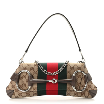 Gucci Monogram Textured Dollar Calfskin Heavy Grosgrain Web Medium Maxi Horsebit Chain Shoulder Bag Beige Ebony New Acero 1 of 8