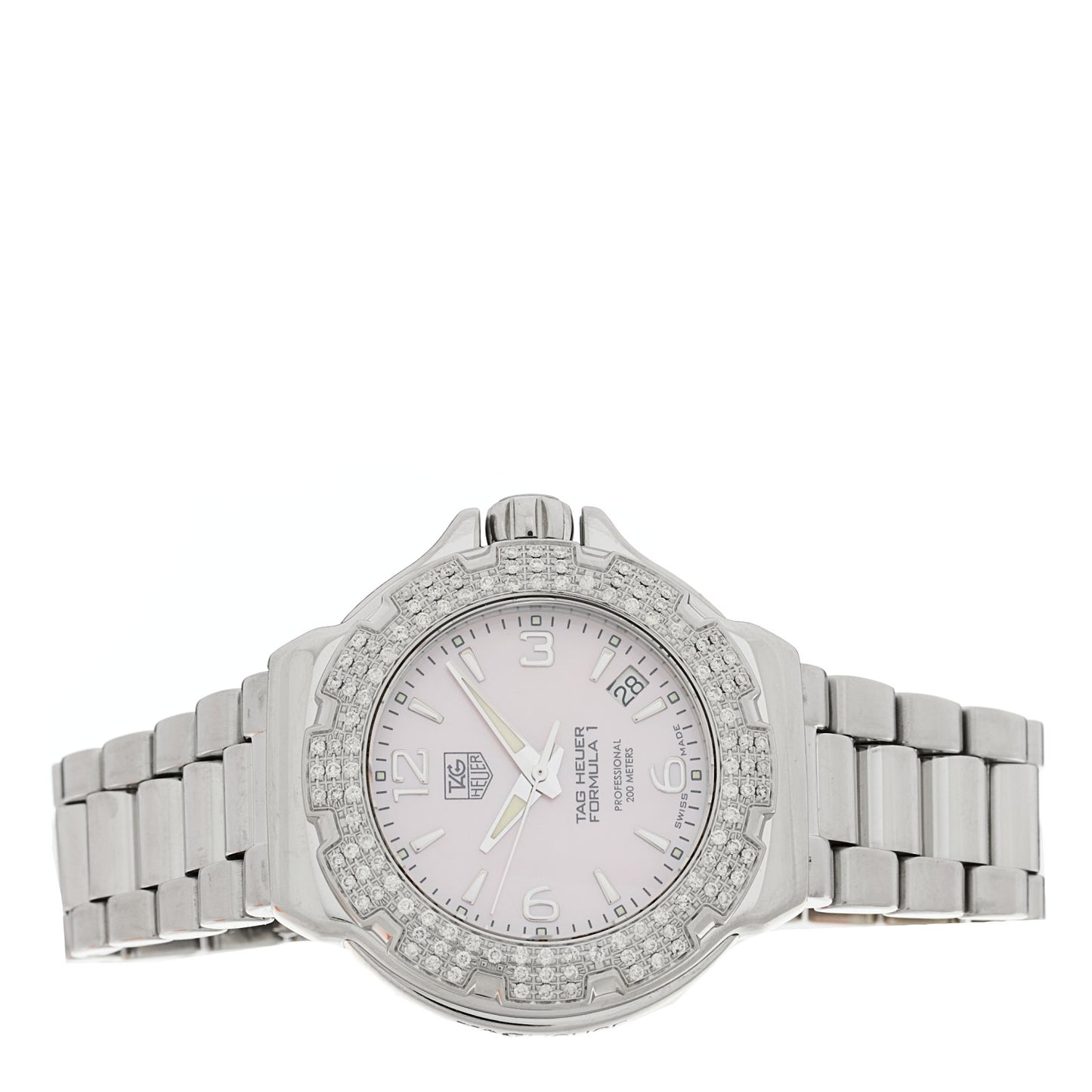Stainless Steel Diamond Bezel Pink Mother of Pearl 36mm Formula 1 Lady Quartz Watch WAC1216-0