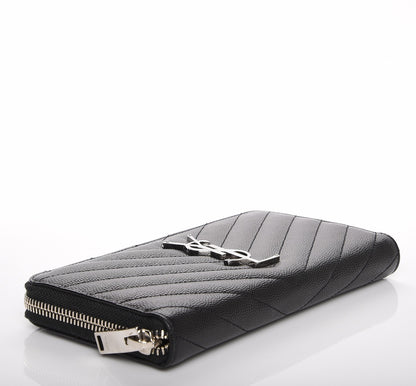 Saint Laurent Grain De Poudre Matelasse Chevron Monogram Zip Around Wallet Black 4 of 6