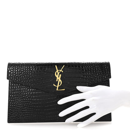 Saint Laurent Calfskin Crocodile Embossed Uptown Monogram Pouch Black 2 of 7