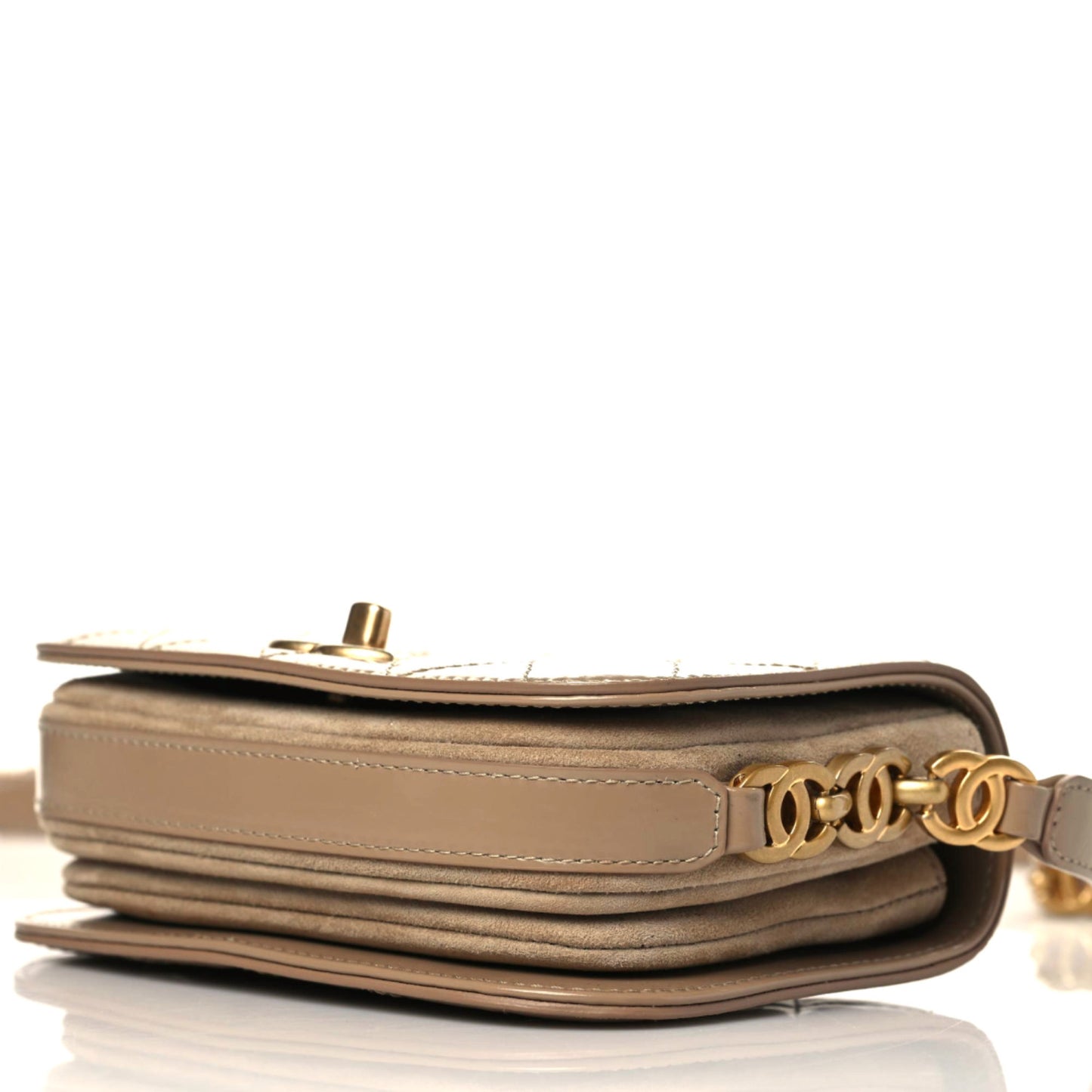 Shiny Calfskin Quilted Suede Goatskin Mini Messenger Beige