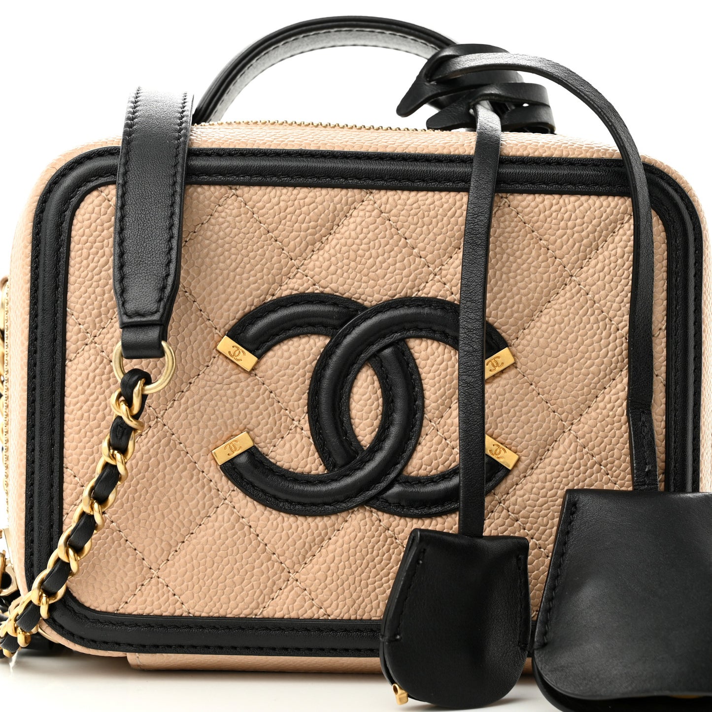 Caviar Quilted Small CC Filigree Vanity Case Beige Black