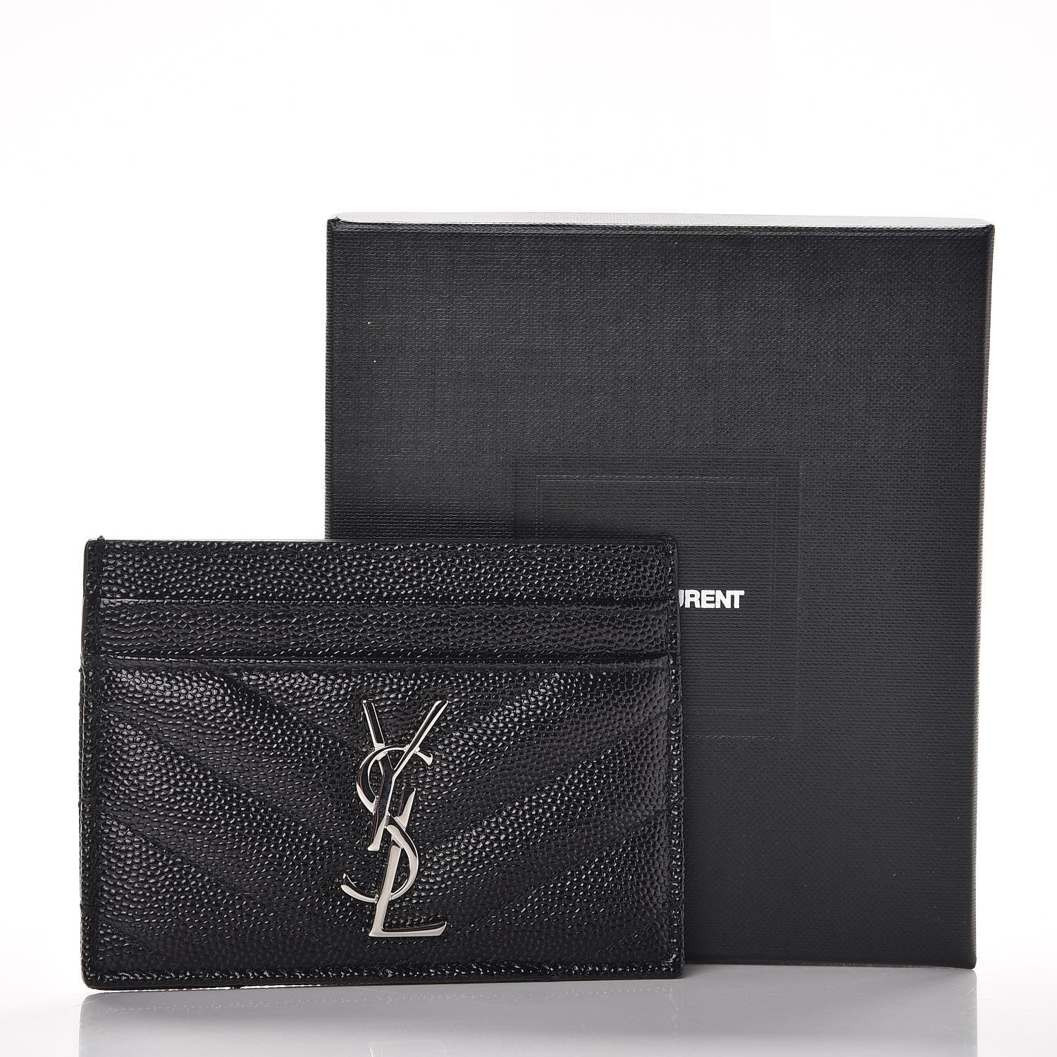 Saint Laurent Grain De Poudre Matelasse Chevron Monogram Credit Card Case Black 7 of 7