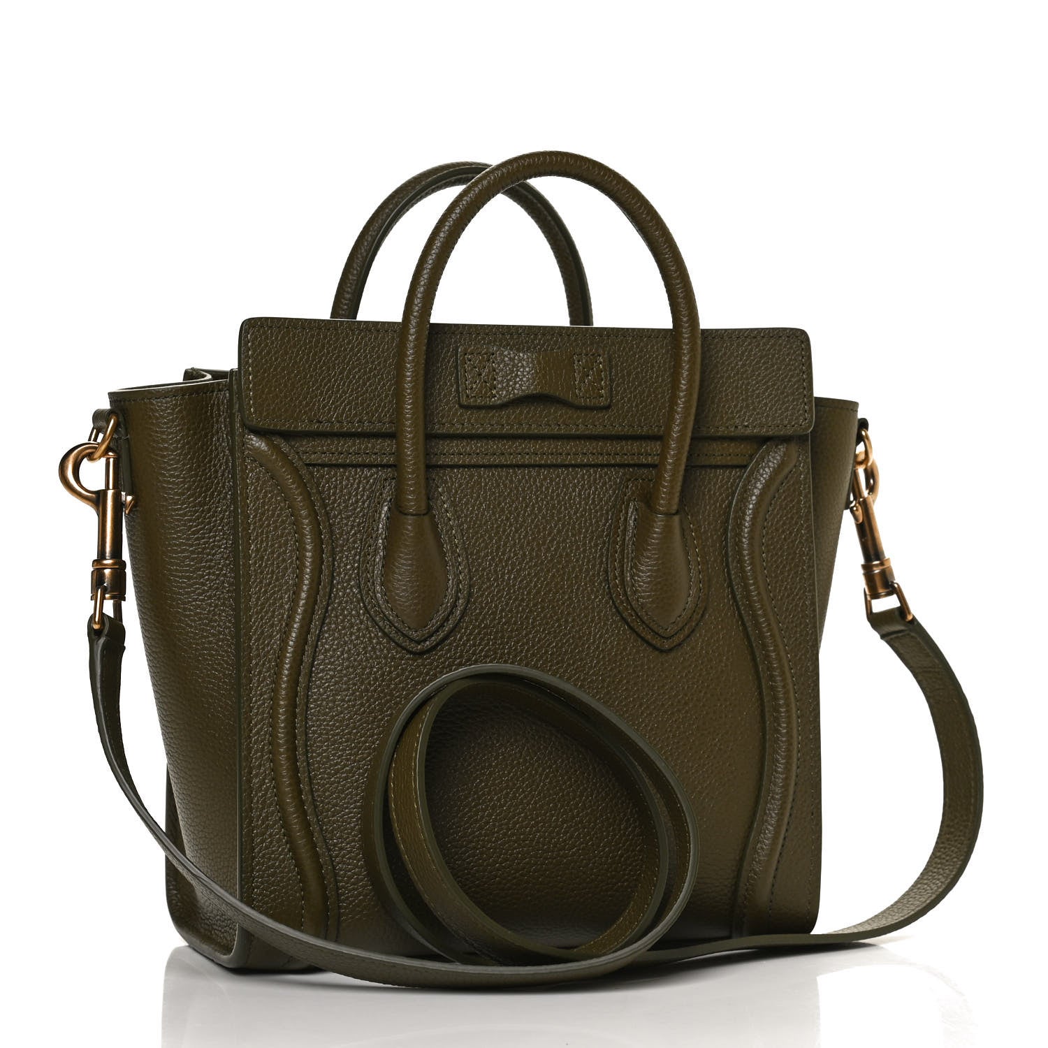 Celine Drummed Calfskin Nano Luggage Dark Olive 3 of 13