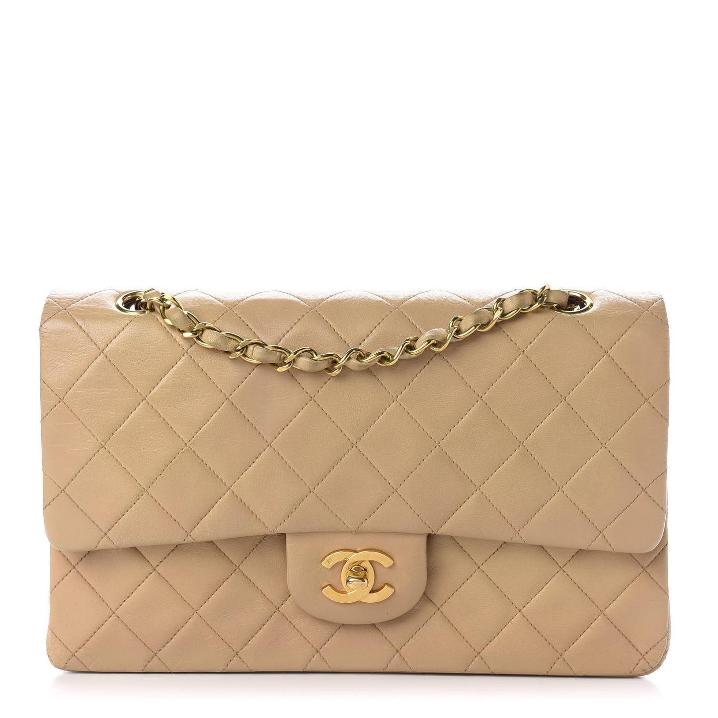 Lambskin Quilted Medium Double Flap Beige