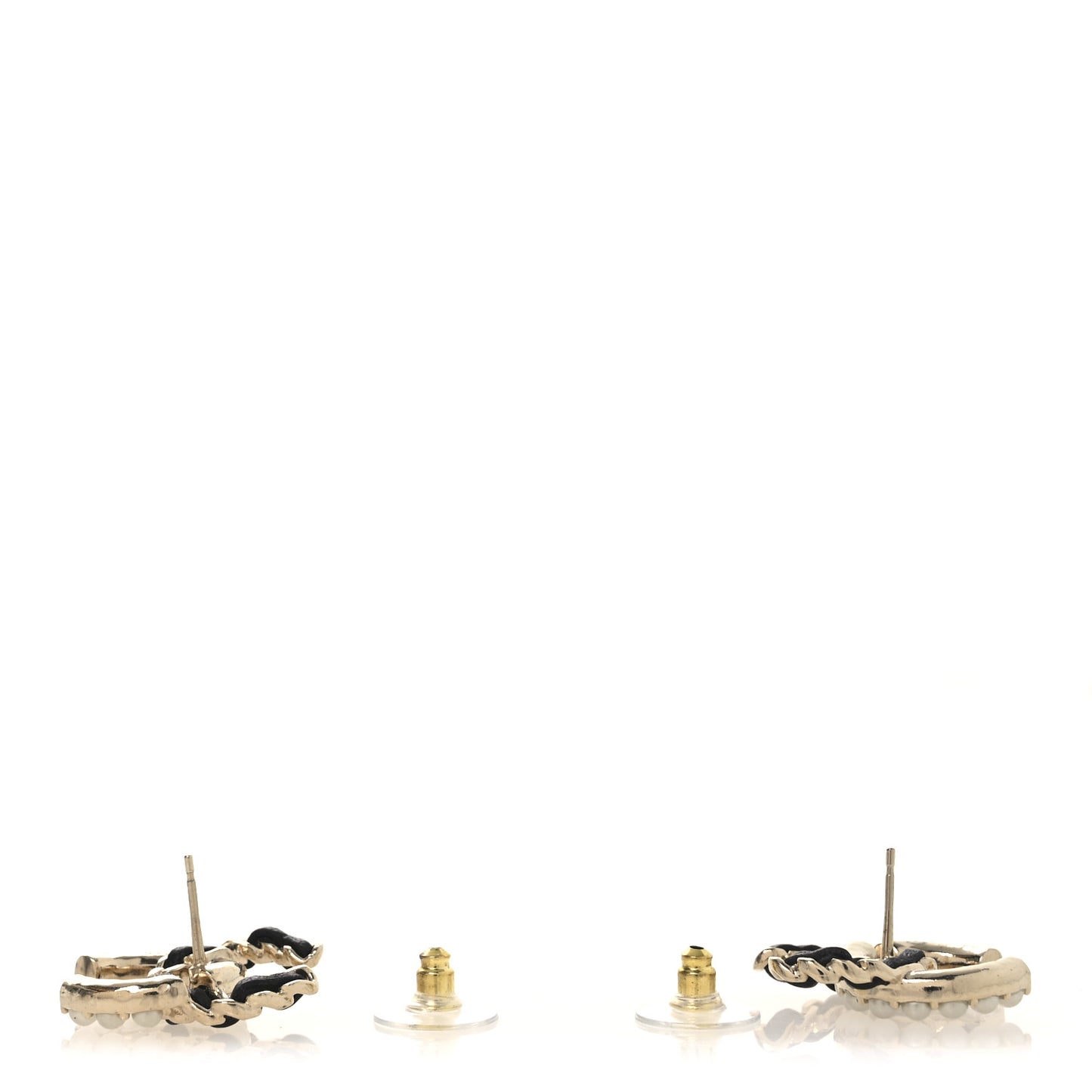 Pearl Lambskin Chain CC Stud Earrings Gold Black
