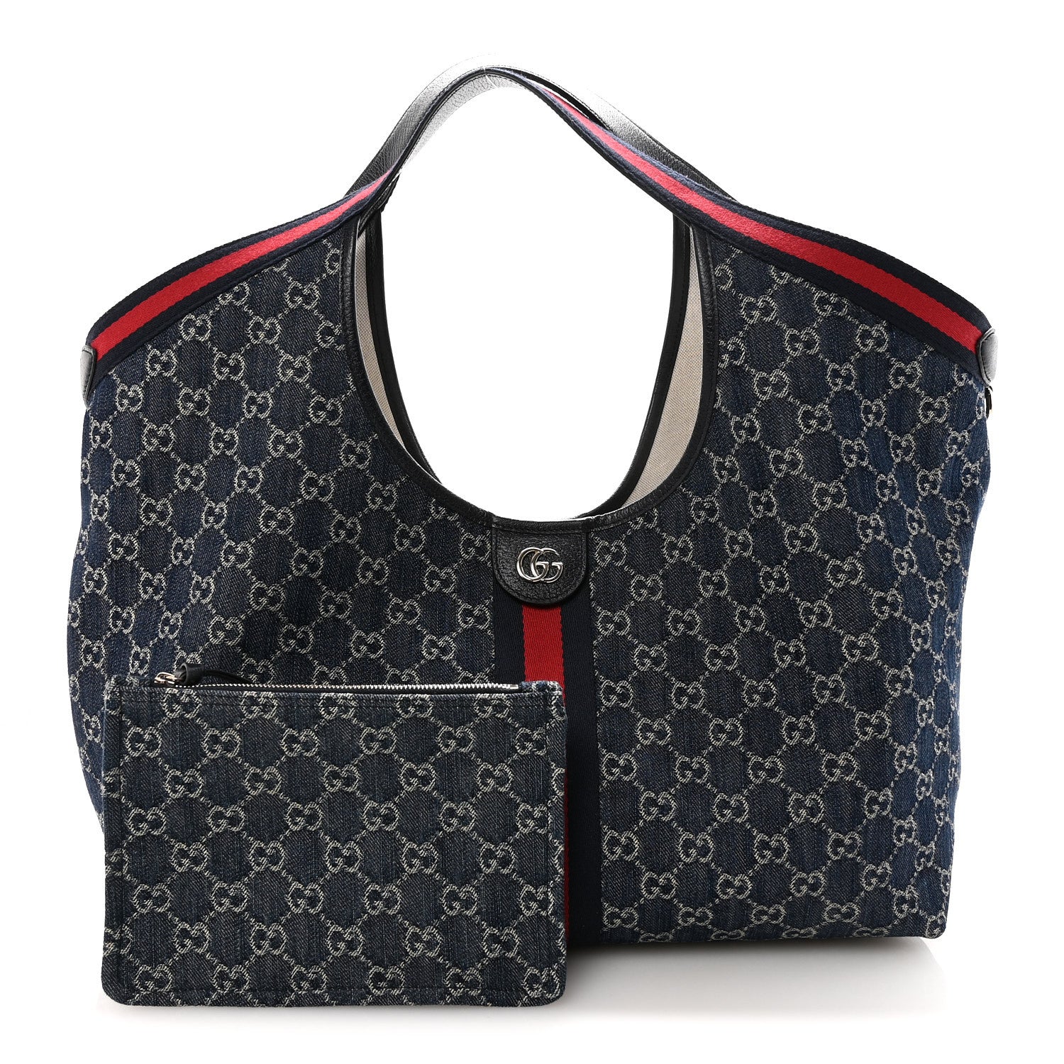 Gucci Denim GG Monogram Web Large Giglio Tote Blue 3 of 9