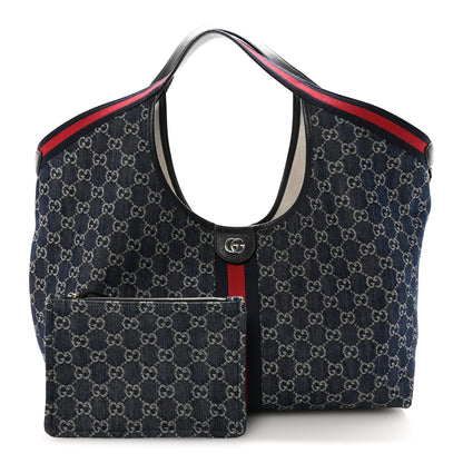 Gucci Denim GG Monogram Web Large Giglio Tote Blue 3 of 9