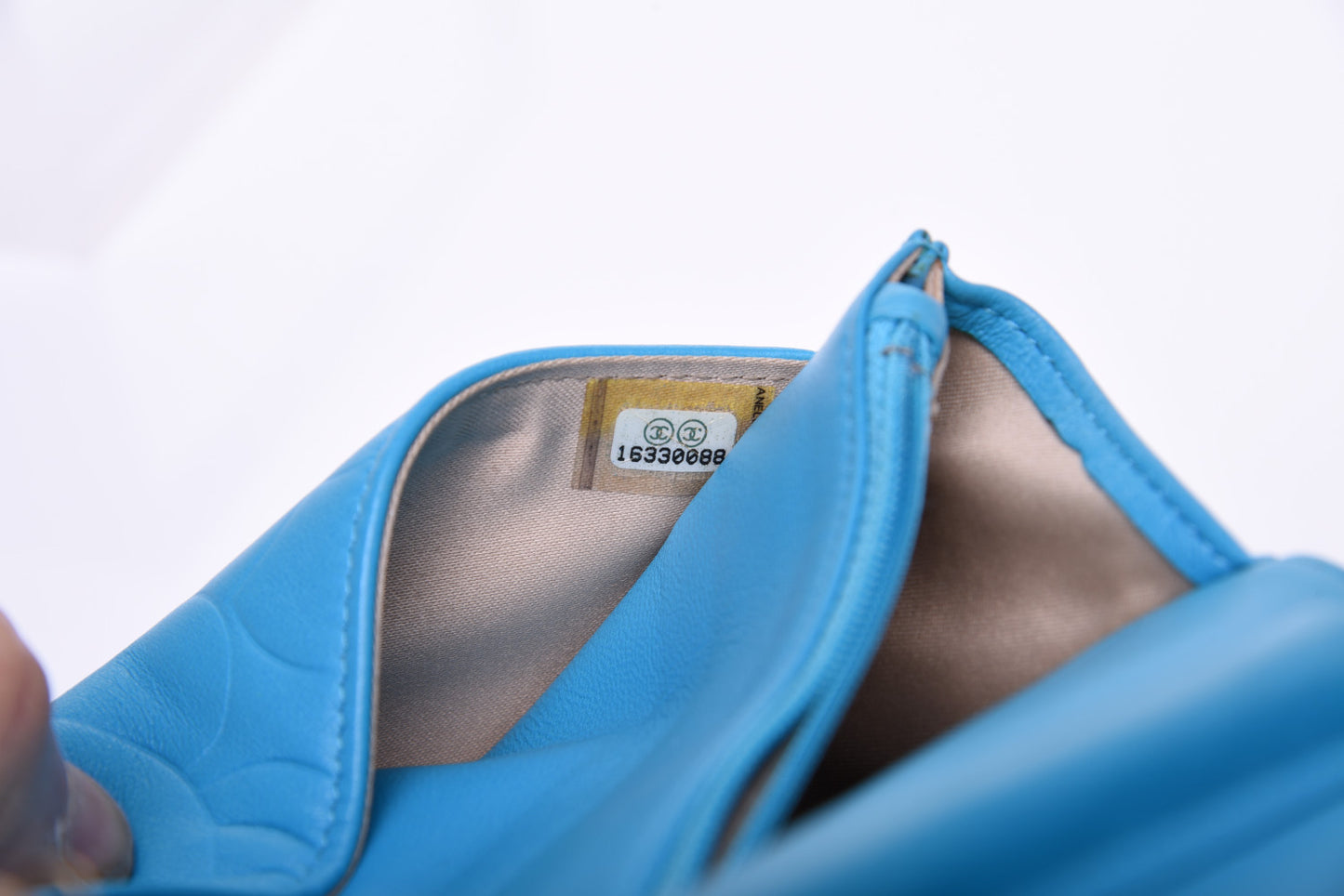 Lambskin Camellia Embossed Wallet On Chain WOC Turquoise