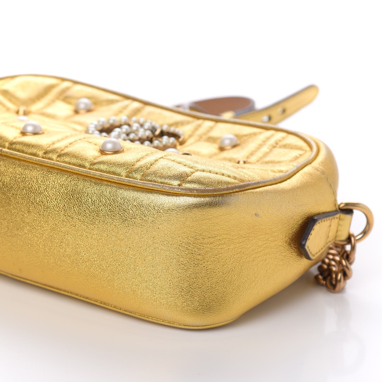Gucci Metallic Calfskin Matelasse Studded Small Pearly GG Marmont Chain Shoulder Bag Gold 11 of 12